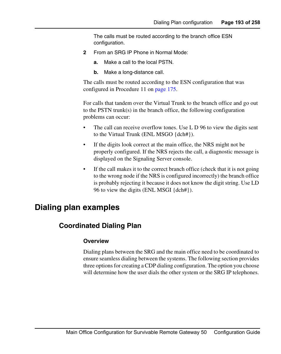 Dialing plan examples, Coordinated dialing plan | Nortel Networks Remote Gateway 50 User Manual | Page 193 / 260
