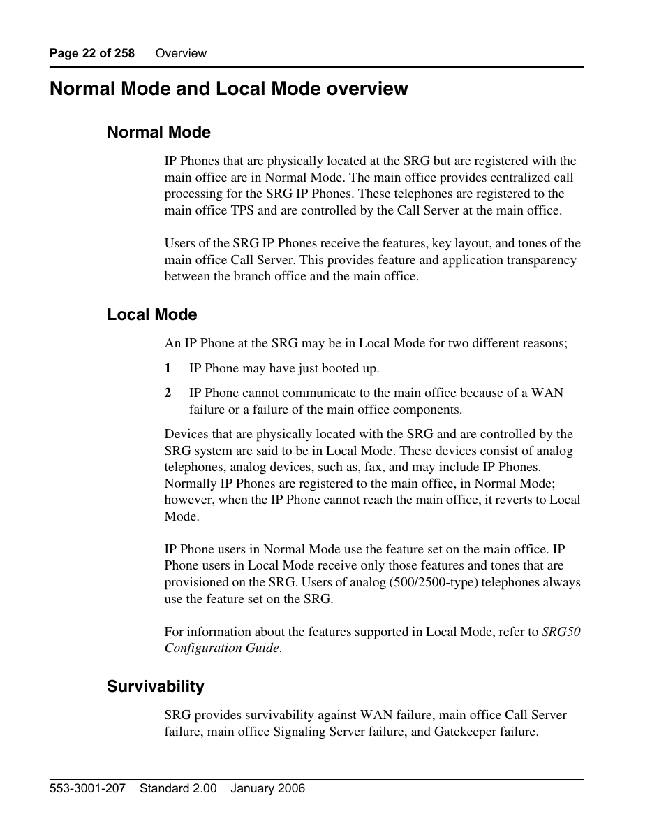 Normal mode and local mode overview, Normal mode, Local mode | Survivability | Nortel Networks Remote Gateway 50 User Manual | Page 22 / 260