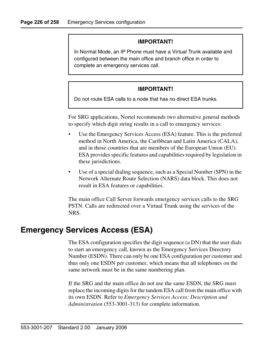 Emergency services access (esa) | Nortel Networks Remote Gateway 50 User Manual | Page 226 / 260