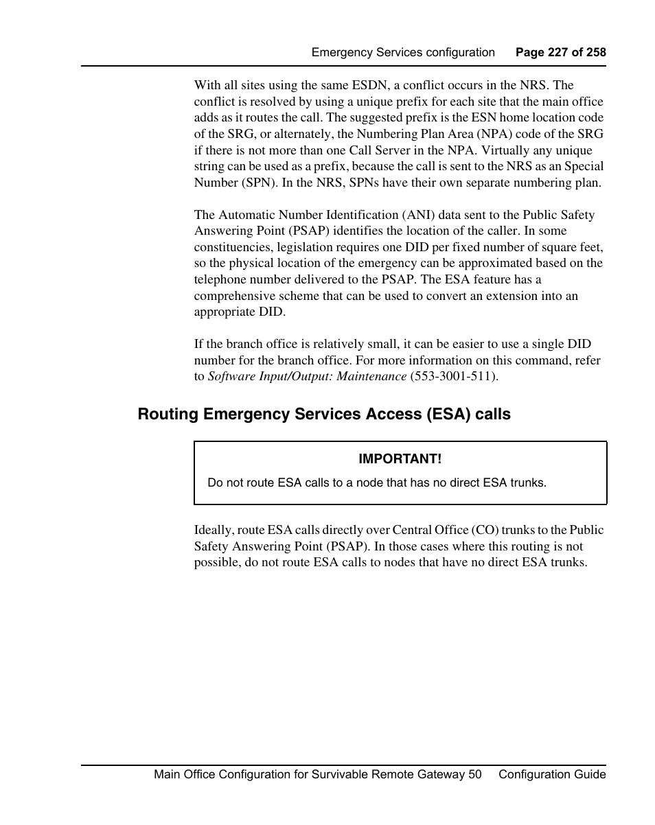 Routing emergency services access (esa) calls | Nortel Networks Remote Gateway 50 User Manual | Page 227 / 260