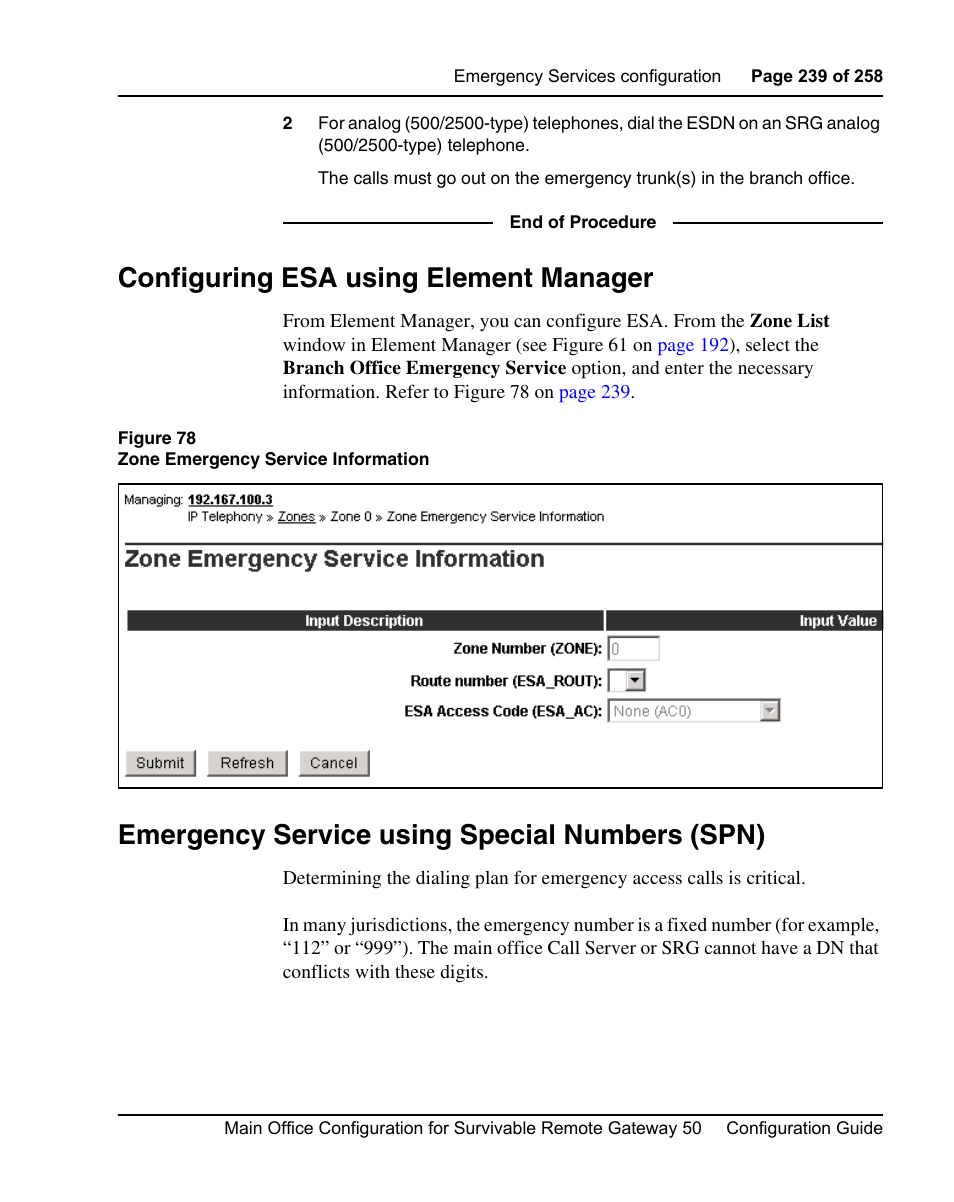 Configuring esa using element manager, Emergency service using special numbers (spn), Cy service information (see figure 78 on | Nortel Networks Remote Gateway 50 User Manual | Page 239 / 260