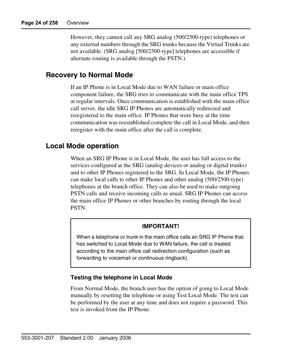 Recovery to normal mode, Local mode operation | Nortel Networks Remote Gateway 50 User Manual | Page 24 / 260