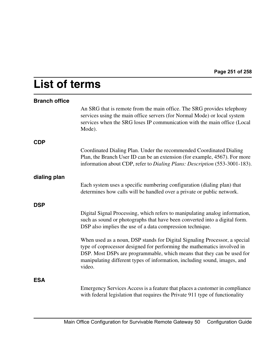 List of terms | Nortel Networks Remote Gateway 50 User Manual | Page 251 / 260