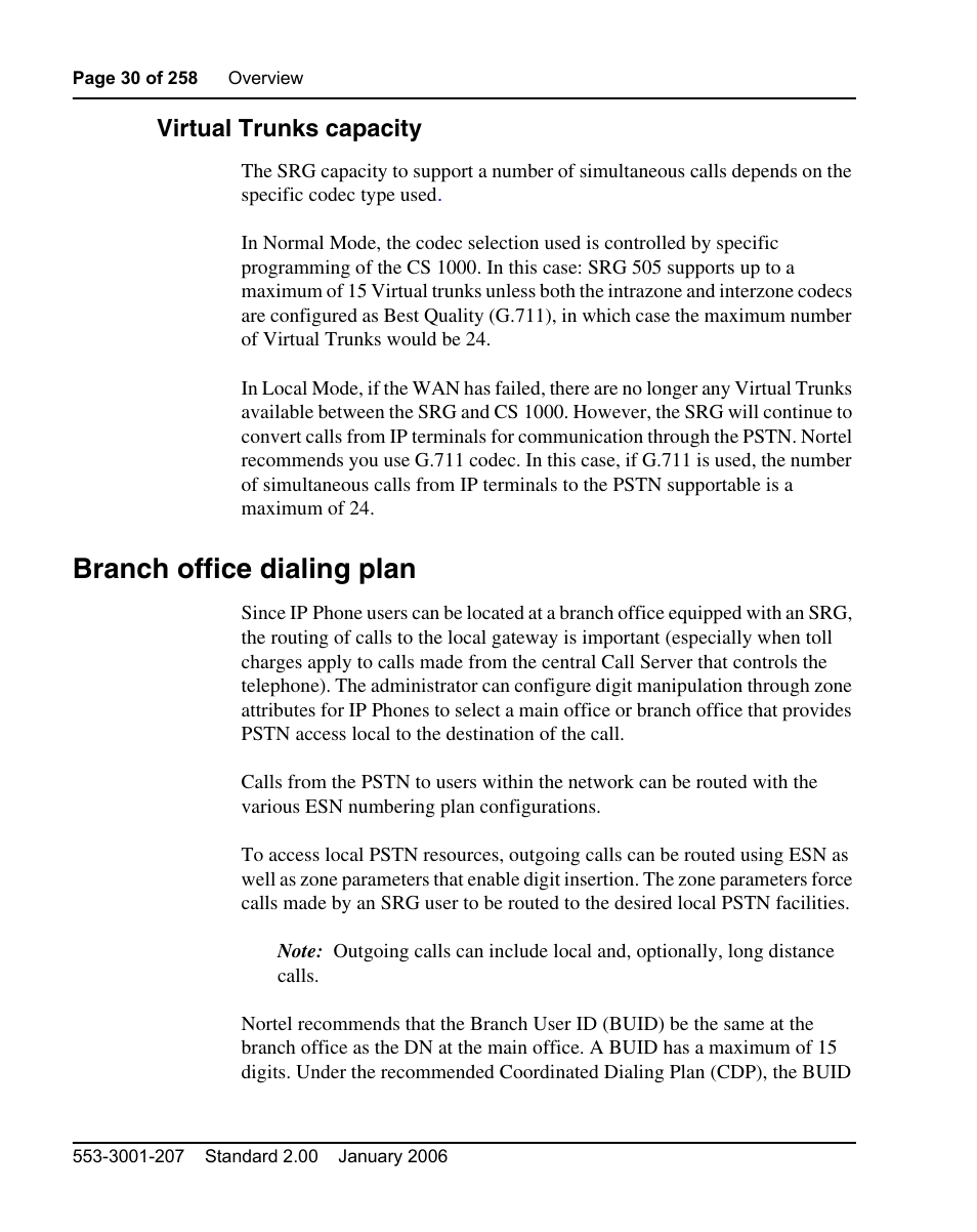 Virtual trunks capacity, Branch office dialing plan | Nortel Networks Remote Gateway 50 User Manual | Page 30 / 260