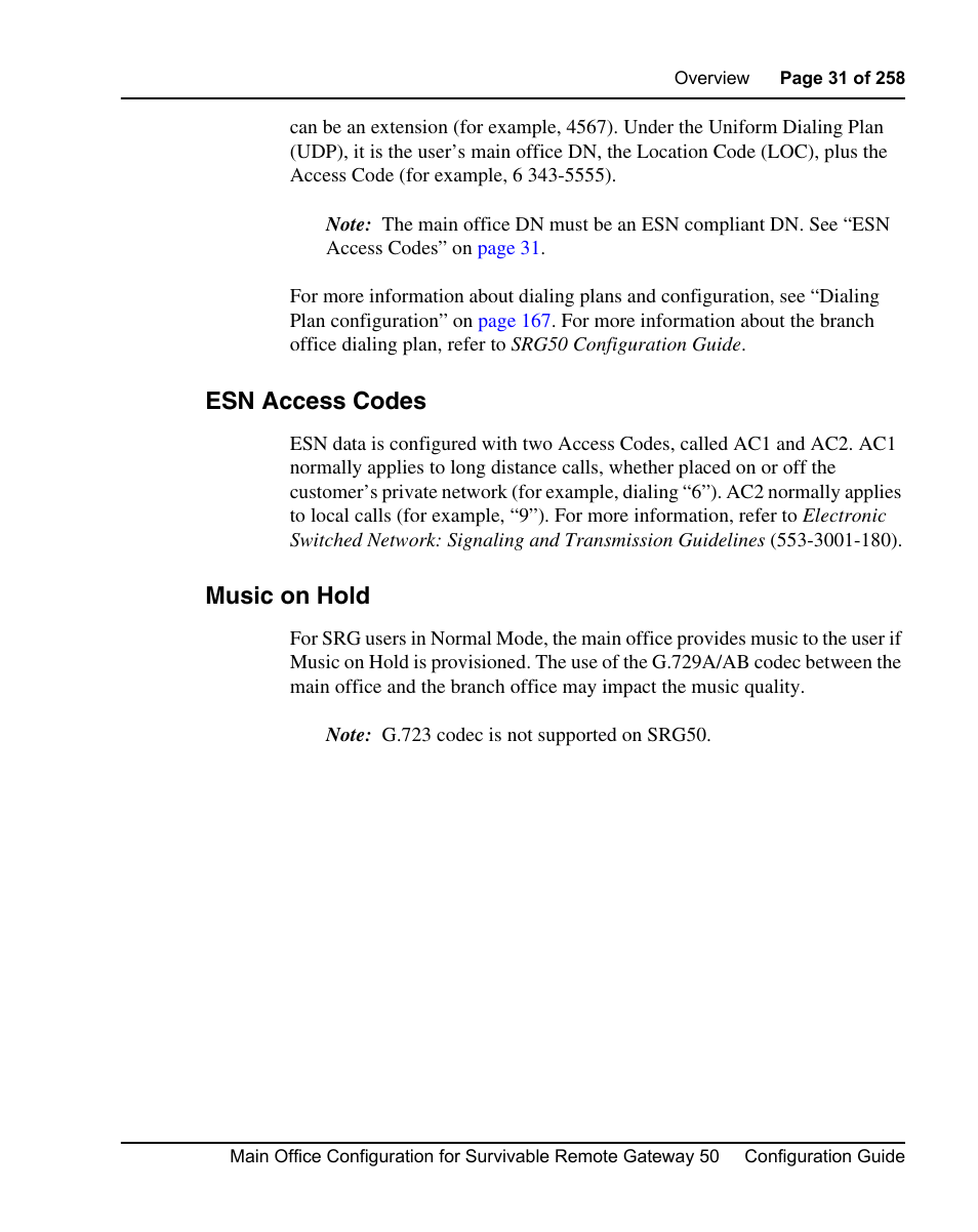 Esn access codes, Music on hold | Nortel Networks Remote Gateway 50 User Manual | Page 31 / 260