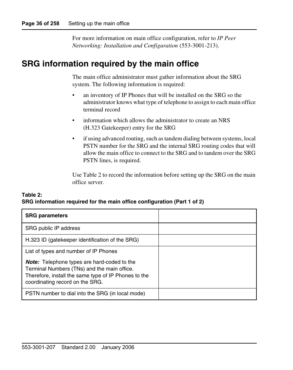 Srg information required by the main office | Nortel Networks Remote Gateway 50 User Manual | Page 36 / 260