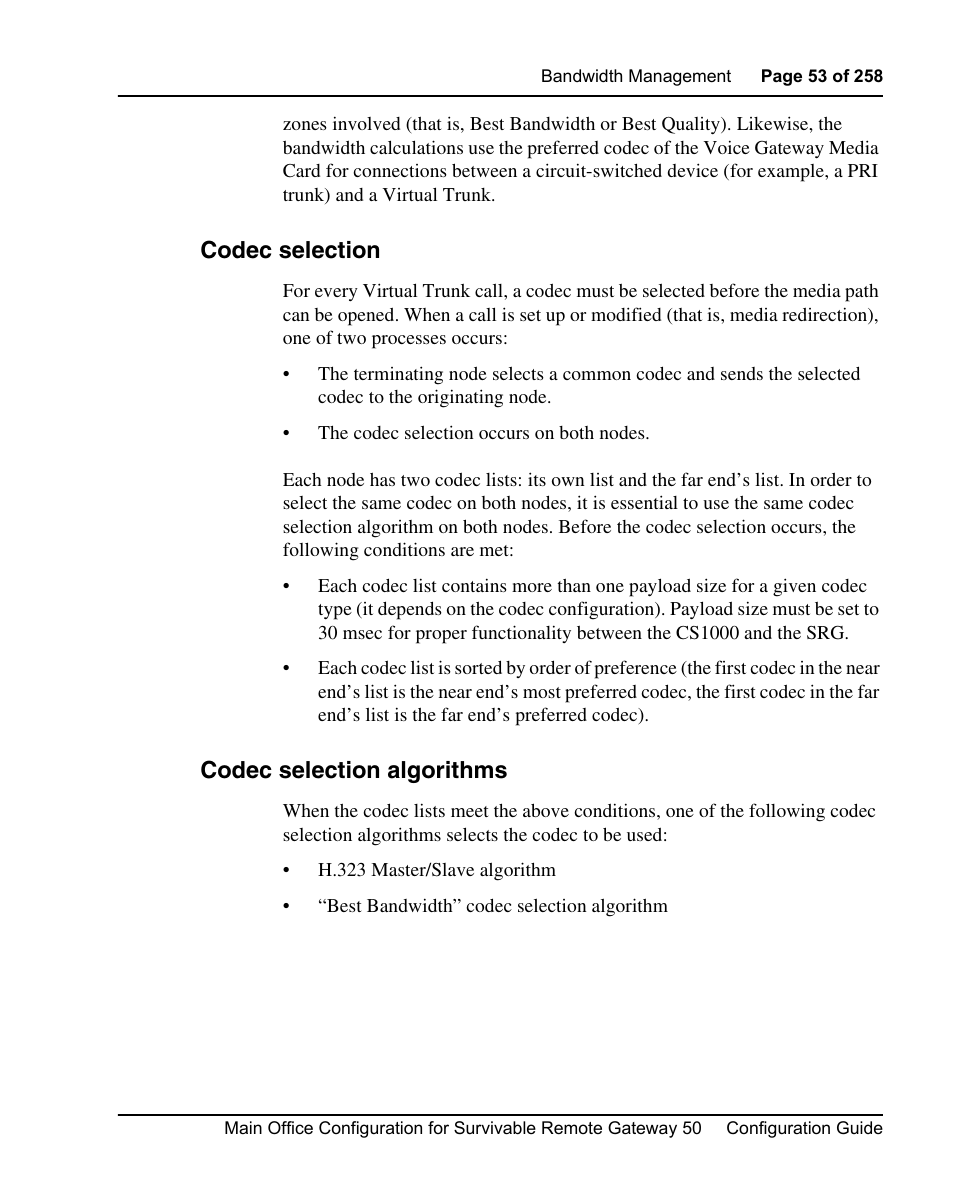 Codec selection, Codec selection algorithms | Nortel Networks Remote Gateway 50 User Manual | Page 53 / 260