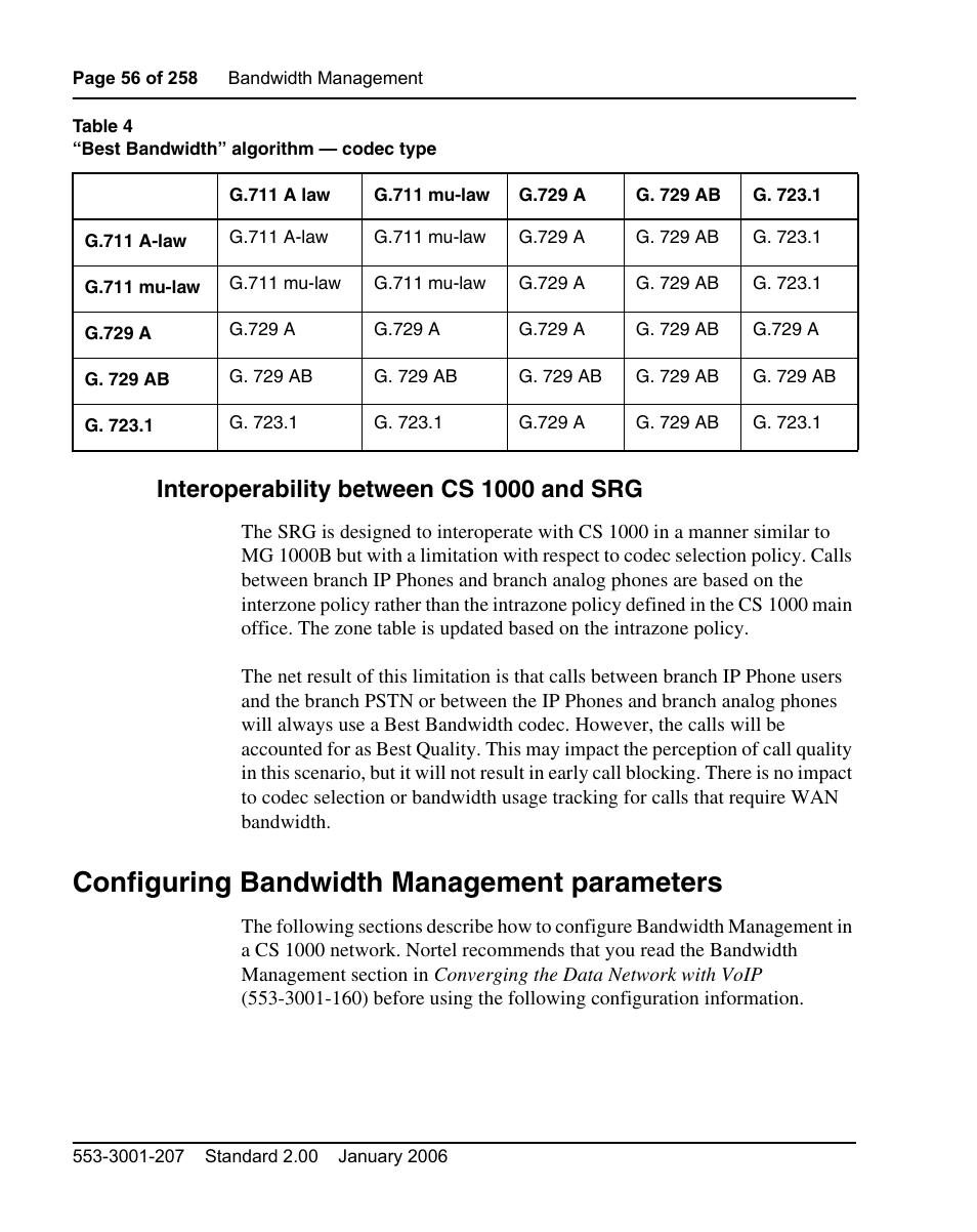 Interoperability between cs 1000 and srg, Configuring bandwidth management parameters | Nortel Networks Remote Gateway 50 User Manual | Page 56 / 260