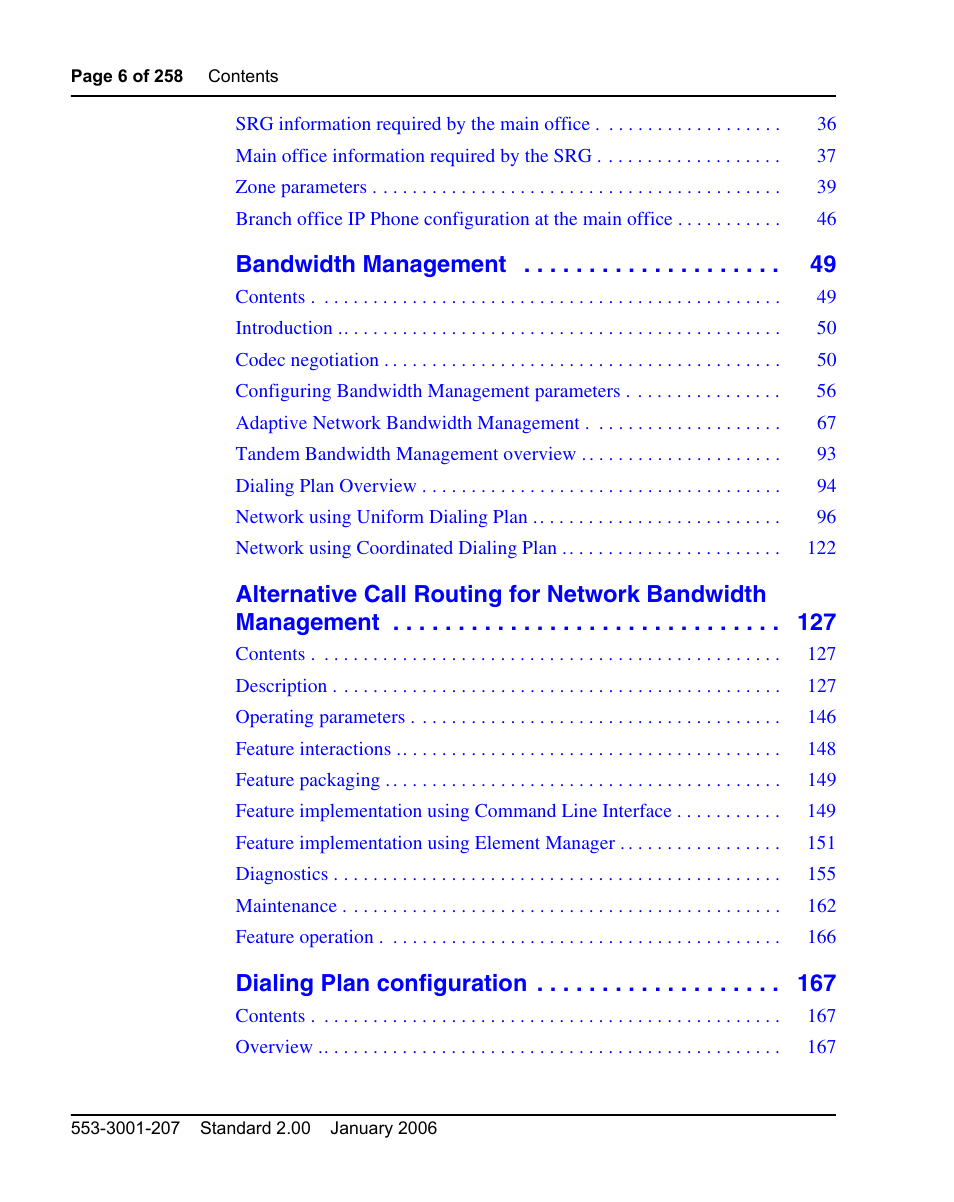 Bandwidth management, Dialing plan configuration | Nortel Networks Remote Gateway 50 User Manual | Page 6 / 260