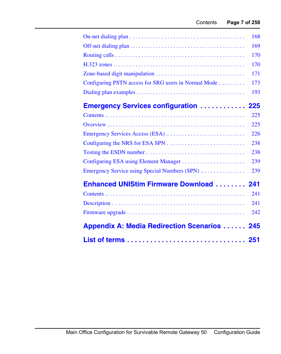 Emergency services configuration, Enhanced unistim firmware download | Nortel Networks Remote Gateway 50 User Manual | Page 7 / 260