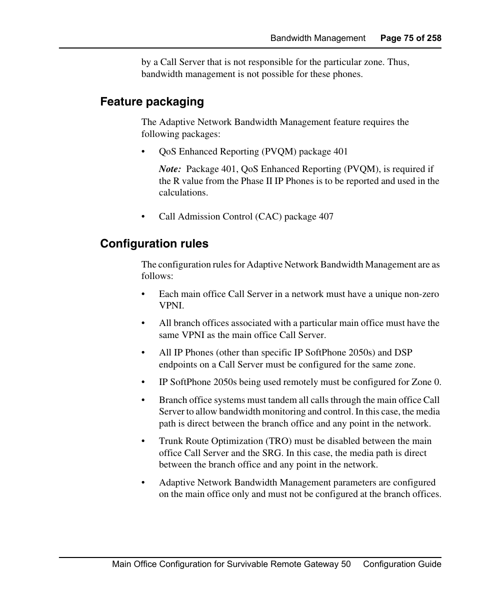 Feature packaging, Configuration rules | Nortel Networks Remote Gateway 50 User Manual | Page 75 / 260