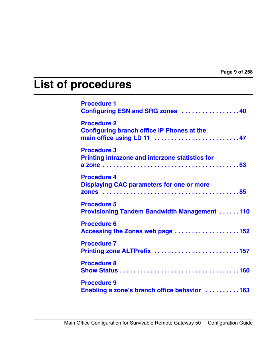 List of procedures | Nortel Networks Remote Gateway 50 User Manual | Page 9 / 260