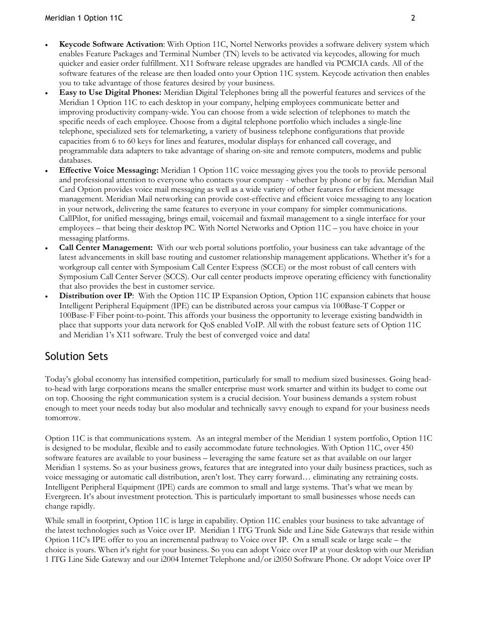 Solution sets | Nortel Networks Meridian 11CM User Manual | Page 2 / 4