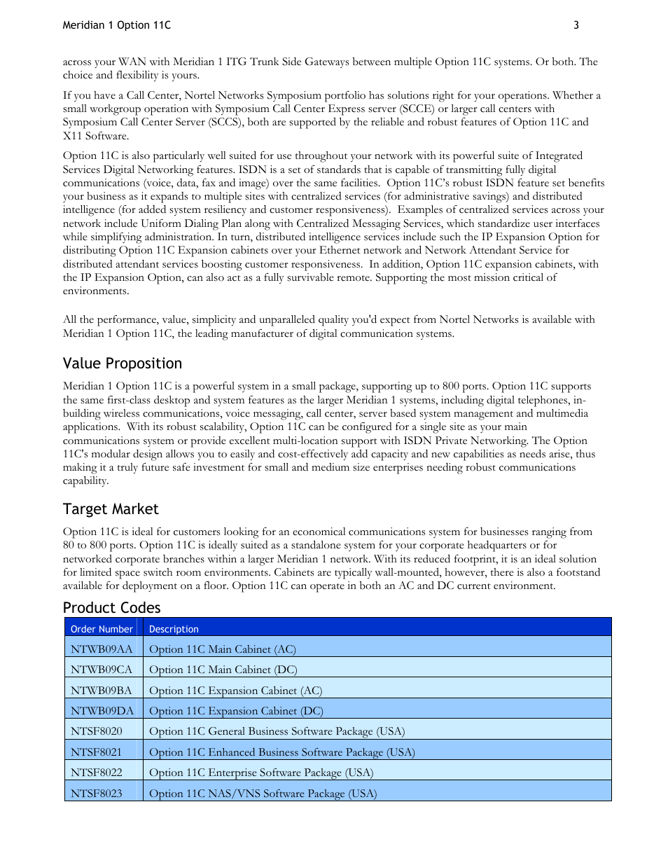 Value proposition, Target market, Product codes | Nortel Networks Meridian 11CM User Manual | Page 3 / 4