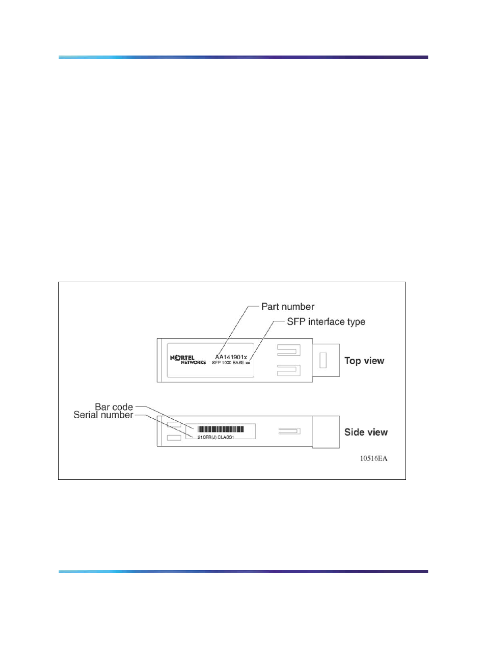 Sfp labels, General sfp specifications, Figure 9 sfp label | Nortel Networks 1000BASE-SX User Manual | Page 46 / 88