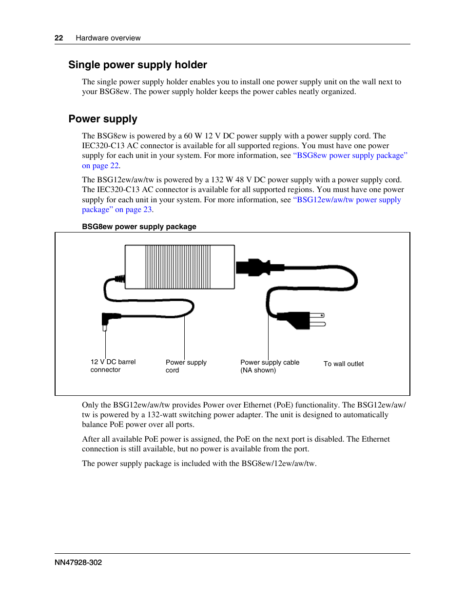 Single power supply holder, Power supply, Single power supply holder power supply | Nortel Networks BSG12aw User Manual | Page 22 / 66