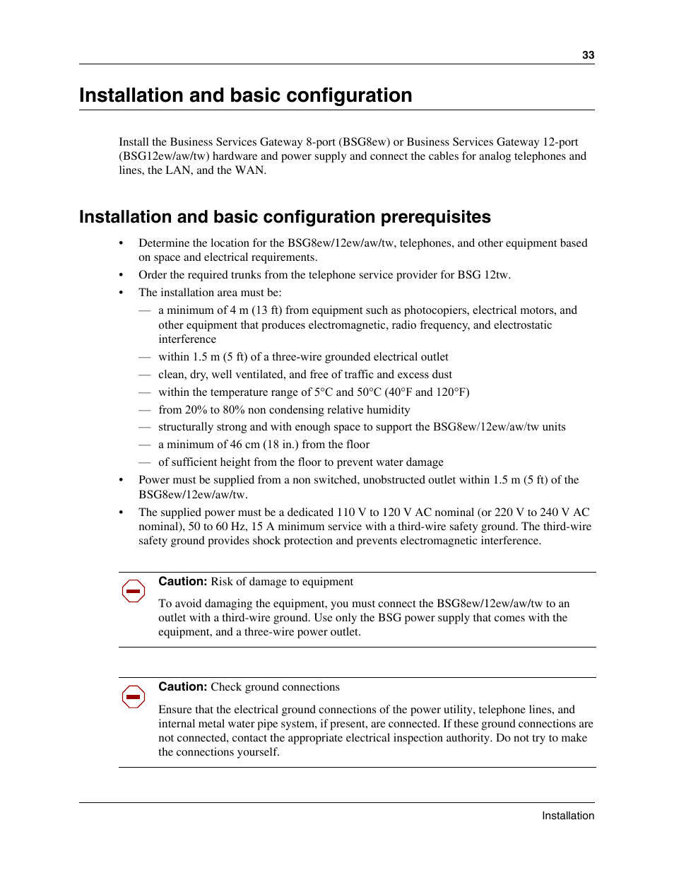 Installation and basic configuration, Installation and basic configuration prerequisites | Nortel Networks BSG12aw User Manual | Page 33 / 66
