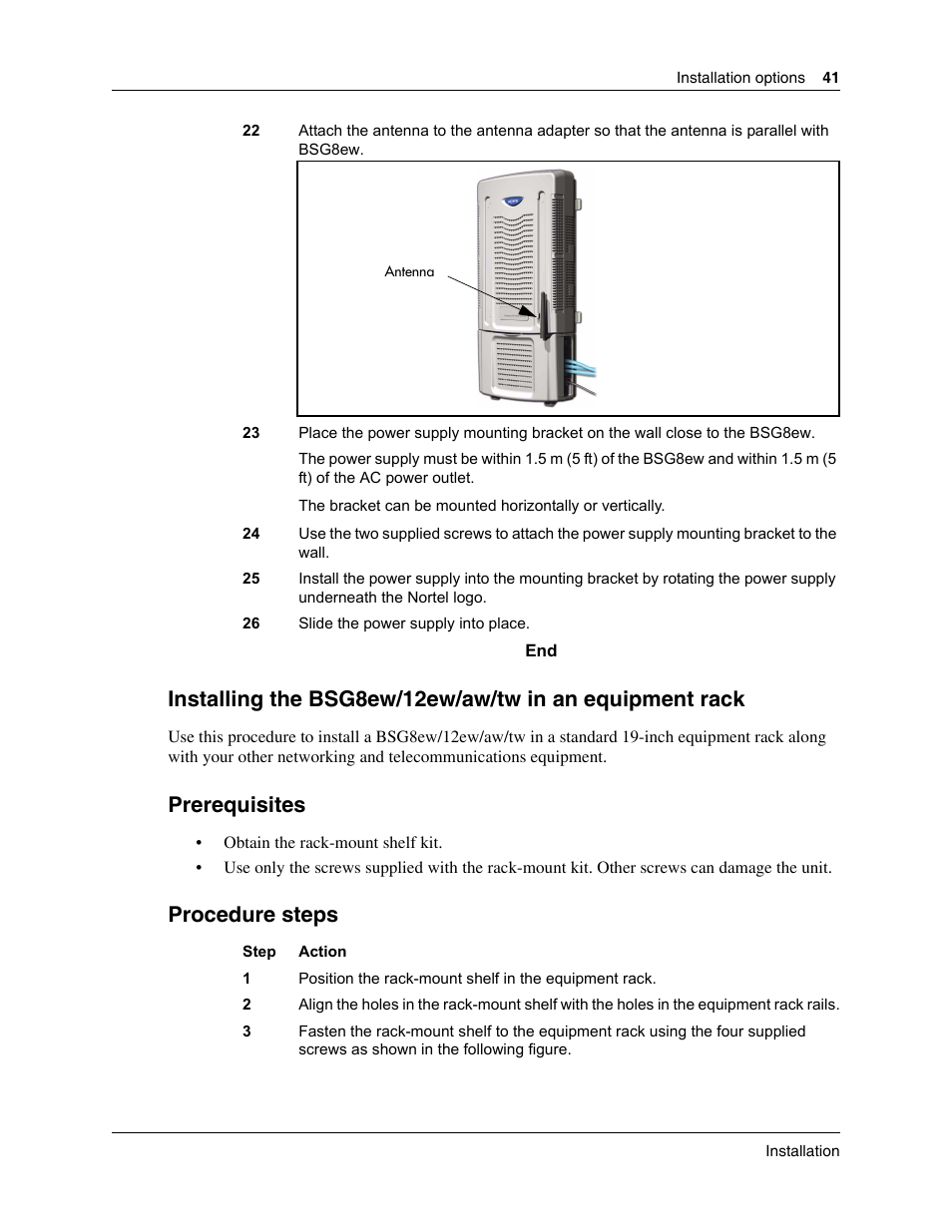 Installing the bsg8ew/12ew/aw/tw in an, Prerequisites, Procedure steps | Nortel Networks BSG12aw User Manual | Page 41 / 66