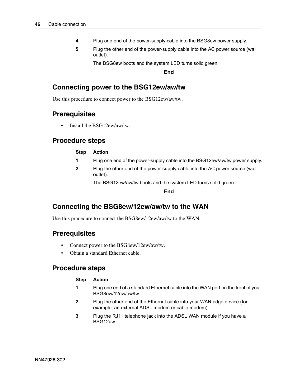 Connecting power to the bsg12ew/aw/tw, Prerequisites, Procedure steps | Connecting the bsg8ew/12ew/aw/tw to the wan | Nortel Networks BSG12aw User Manual | Page 46 / 66