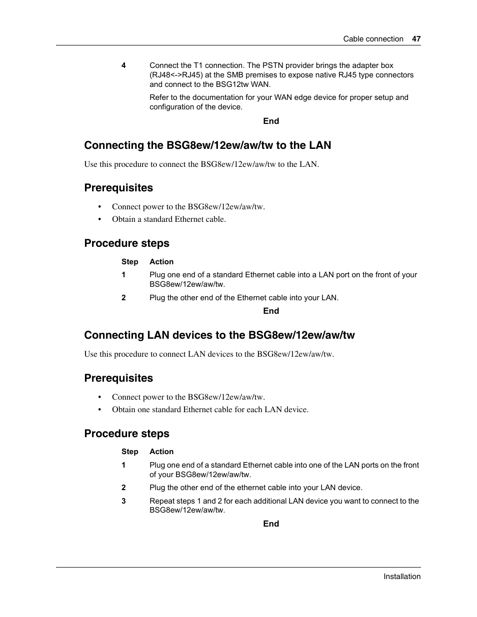 Connecting the bsg8ew/12ew/aw/tw to the lan, Prerequisites, Procedure steps | Connecting lan devices to the bsg8ew/12ew/aw/tw | Nortel Networks BSG12aw User Manual | Page 47 / 66