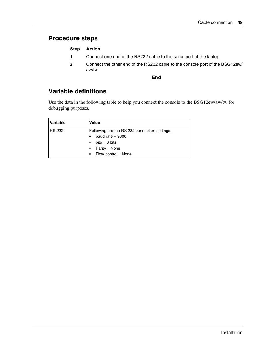 Procedure steps, Variable definitions | Nortel Networks BSG12aw User Manual | Page 49 / 66