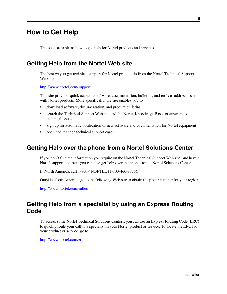 How to get help, Getting help from the nortel web site, Getting help over the | Phone from a nortel solutions center | Nortel Networks BSG12aw User Manual | Page 5 / 66