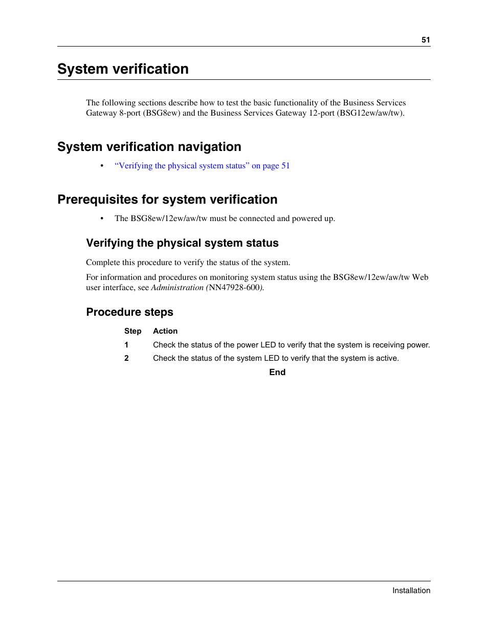 System verification, System verification navigation, Prerequisites for system verification | Nortel Networks BSG12aw User Manual | Page 51 / 66