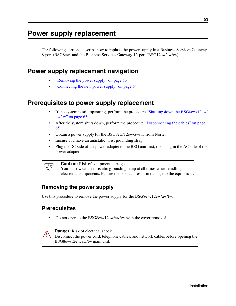Power supply replacement, Power supply replacement navigation, Prerequisites to power supply replacement | Removing the power supply, Prerequisites | Nortel Networks BSG12aw User Manual | Page 53 / 66