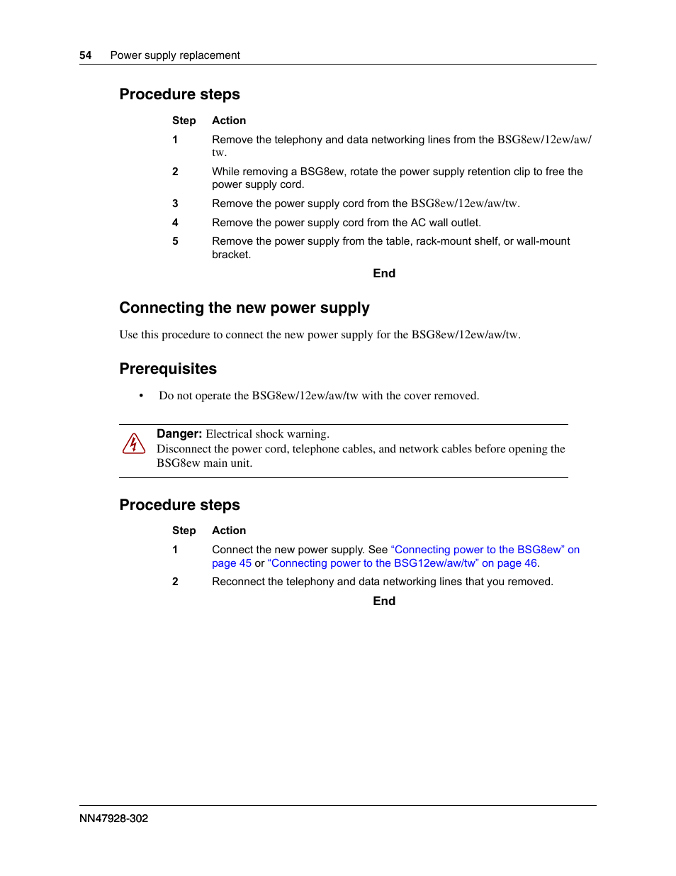 Procedure steps, Connecting the new power supply, Prerequisites | Nortel Networks BSG12aw User Manual | Page 54 / 66