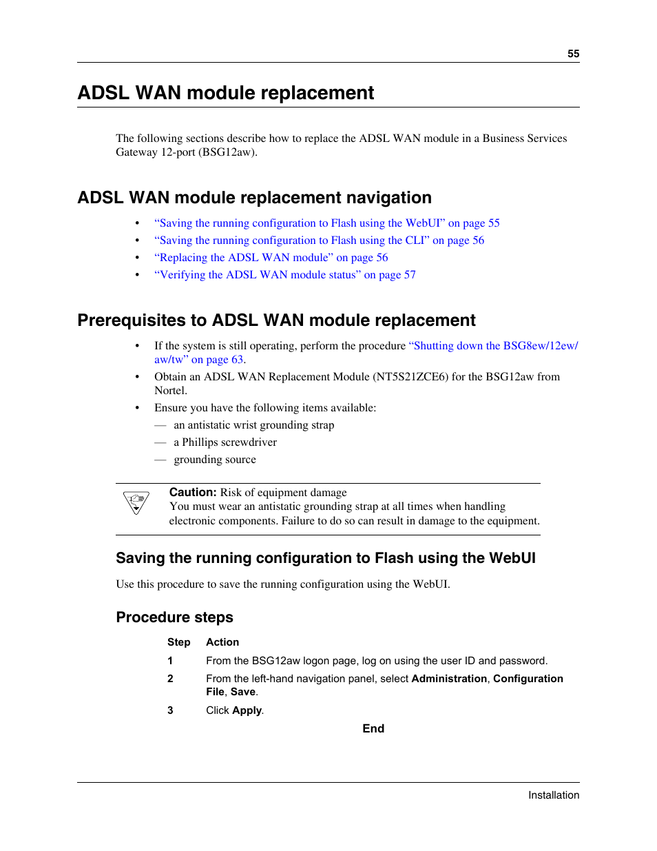 Adsl wan module replacement, Adsl wan module replacement navigation, Prerequisites to adsl wan module replacement | Procedure steps | Nortel Networks BSG12aw User Manual | Page 55 / 66