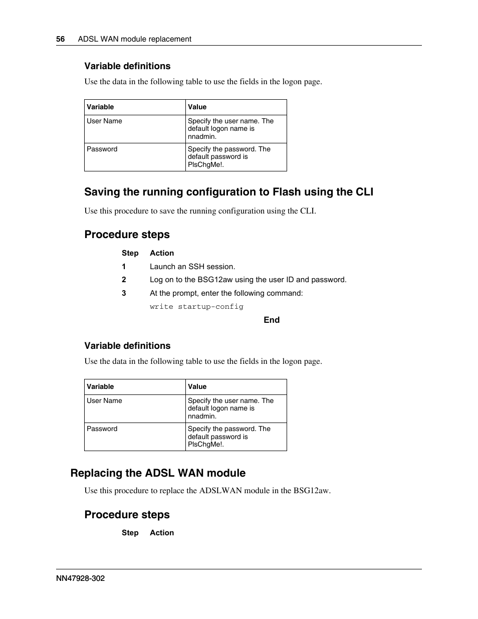 Replacing the adsl wan module, Procedure steps | Nortel Networks BSG12aw User Manual | Page 56 / 66