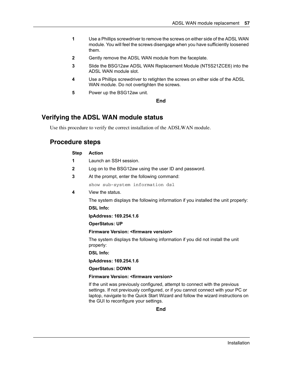 Verifying the adsl wan module status, Procedure steps | Nortel Networks BSG12aw User Manual | Page 57 / 66