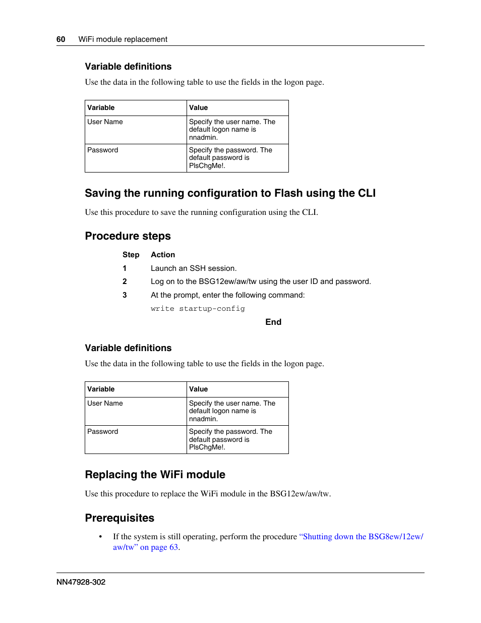 Procedure steps, Replacing the wifi module, Prerequisites | Nortel Networks BSG12aw User Manual | Page 60 / 66