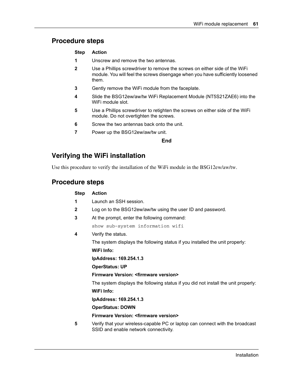 Procedure steps, Verifying the wifi installation | Nortel Networks BSG12aw User Manual | Page 61 / 66