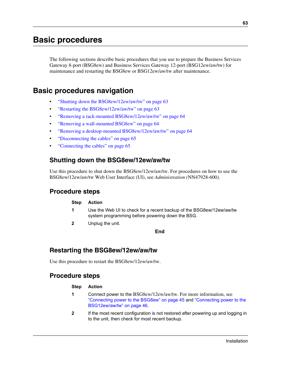 Basic procedures, Basic procedures navigation, Shutting down the bsg8ew/12ew | Shutting down the bsg8ew/12ew/aw/tw, Procedure steps, Restarting the bsg8ew/12ew/aw/tw | Nortel Networks BSG12aw User Manual | Page 63 / 66