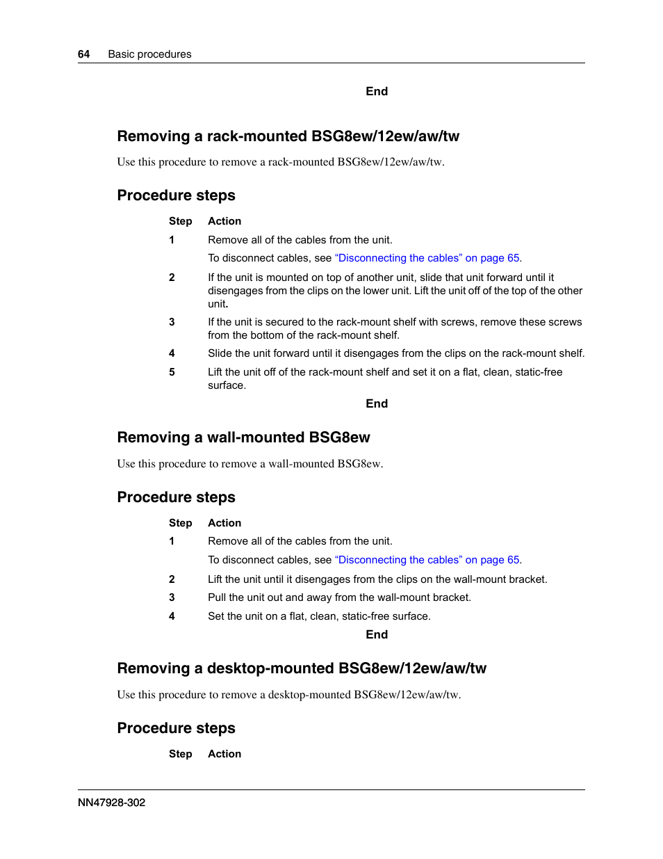 Removing a rack-mounted bsg8ew/12ew/aw/tw, Procedure steps, Removing a wall-mounted bsg8ew | Removing a desktop-mounted bsg8ew/12ew/aw/tw | Nortel Networks BSG12aw User Manual | Page 64 / 66