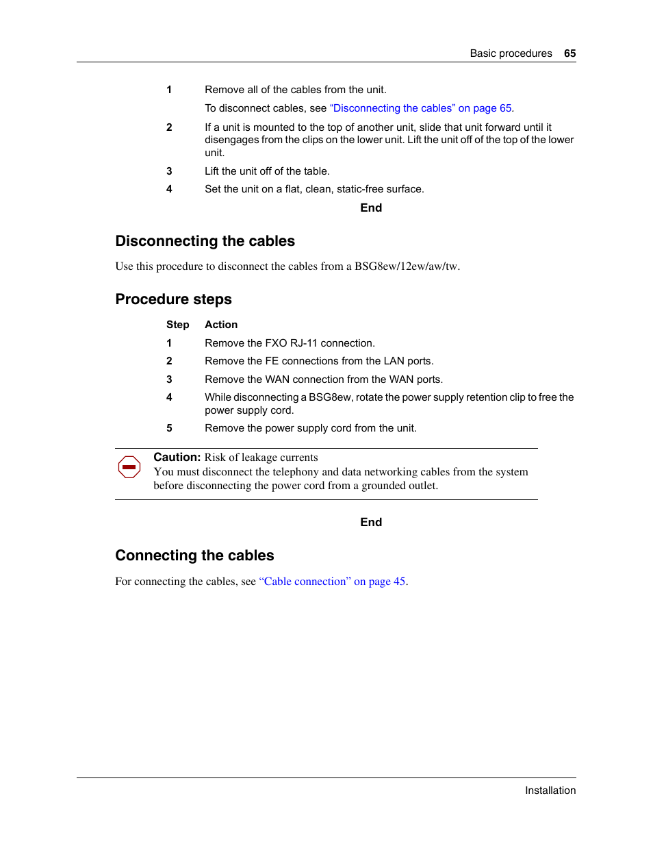 Disconnecting the cables, Procedure steps, Connecting the cables | Nortel Networks BSG12aw User Manual | Page 65 / 66
