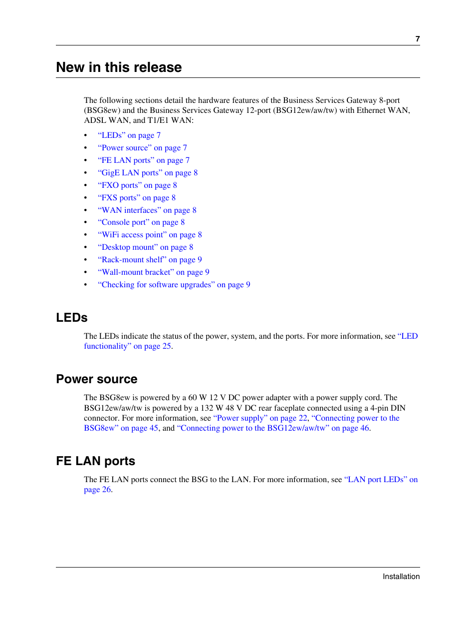 New in this release, Leds, Power source | Fe lan ports, Leds power source fe lan ports | Nortel Networks BSG12aw User Manual | Page 7 / 66