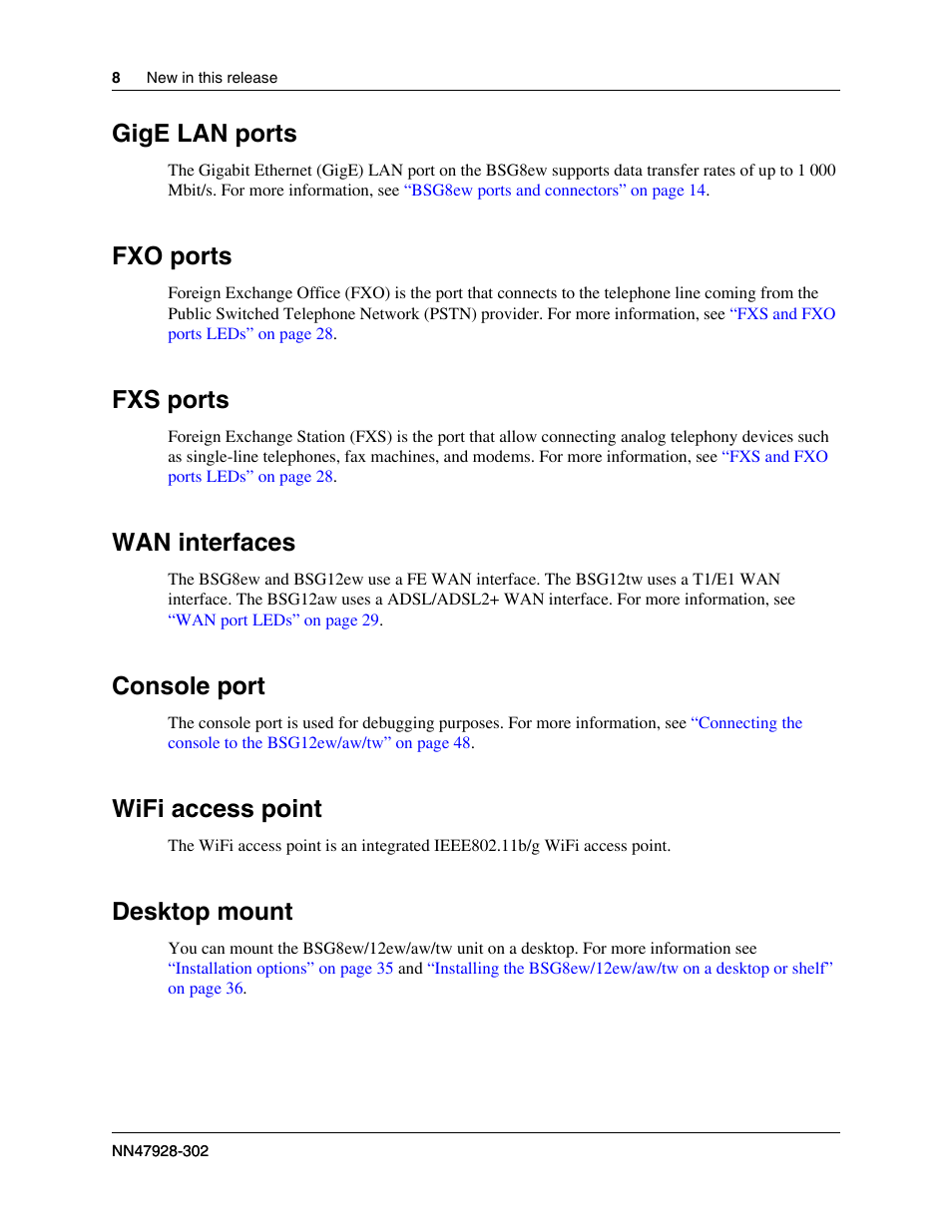 Gige lan ports, Fxo ports, Fxs ports | Wan interfaces, Console port, Wifi access point, Desktop mount | Nortel Networks BSG12aw User Manual | Page 8 / 66