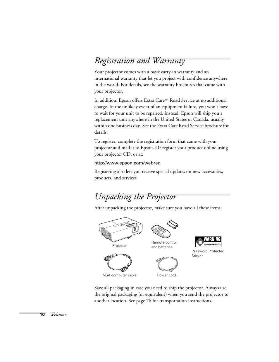 Registration and warranty, Unpacking the projector, Registration and warranty unpacking the projector | Nortel Networks 822p User Manual | Page 10 / 118