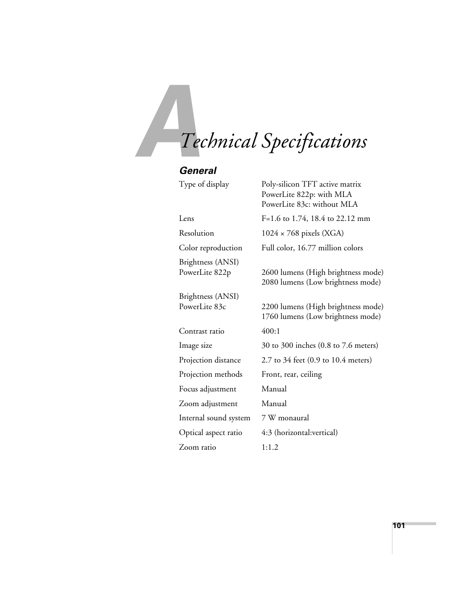 Technical specifications, General | Nortel Networks 822p User Manual | Page 101 / 118