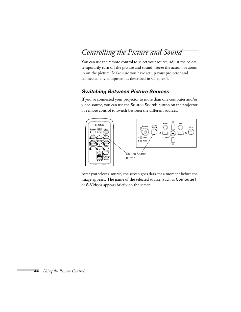 Controlling the picture and sound, Switching between picture sources | Nortel Networks 822p User Manual | Page 44 / 118