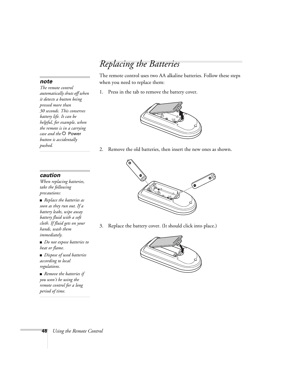 Replacing the batteries, Replacing the remote control batteries | Nortel Networks 822p User Manual | Page 48 / 118