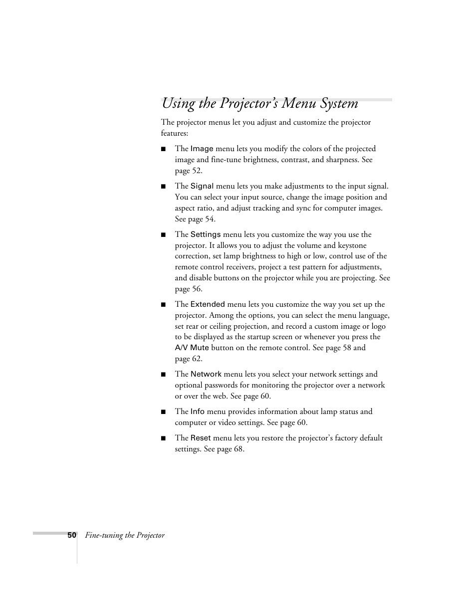Using the projector’s menu system, Using the menu system | Nortel Networks 822p User Manual | Page 50 / 118