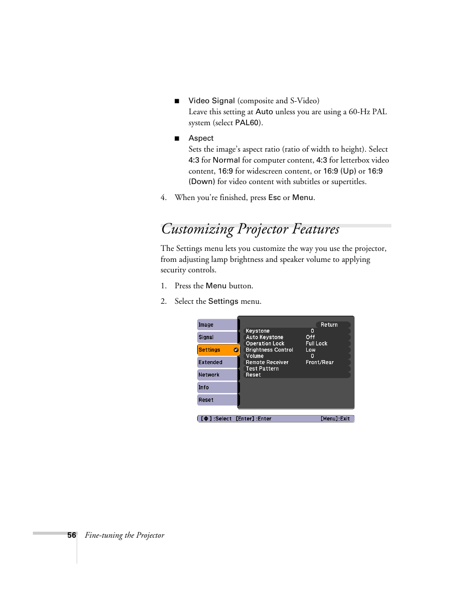Customizing projector features | Nortel Networks 822p User Manual | Page 56 / 118