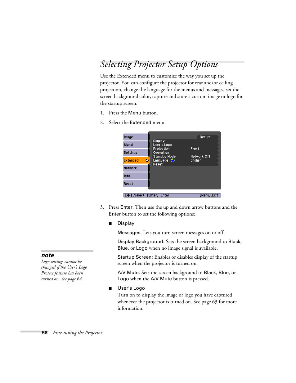 Selecting projector setup options | Nortel Networks 822p User Manual | Page 58 / 118