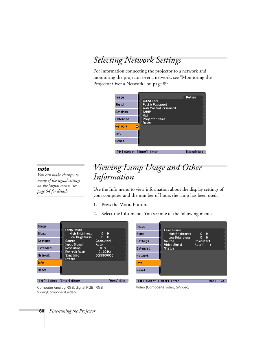 Selecting network settings, Viewing lamp usage and other information | Nortel Networks 822p User Manual | Page 60 / 118