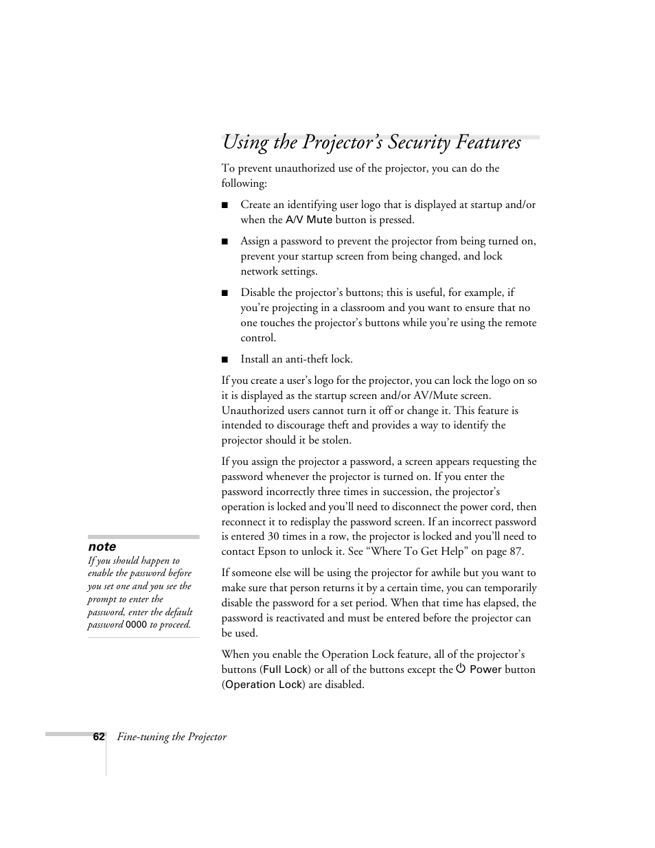 Using the projector’s security features | Nortel Networks 822p User Manual | Page 62 / 118