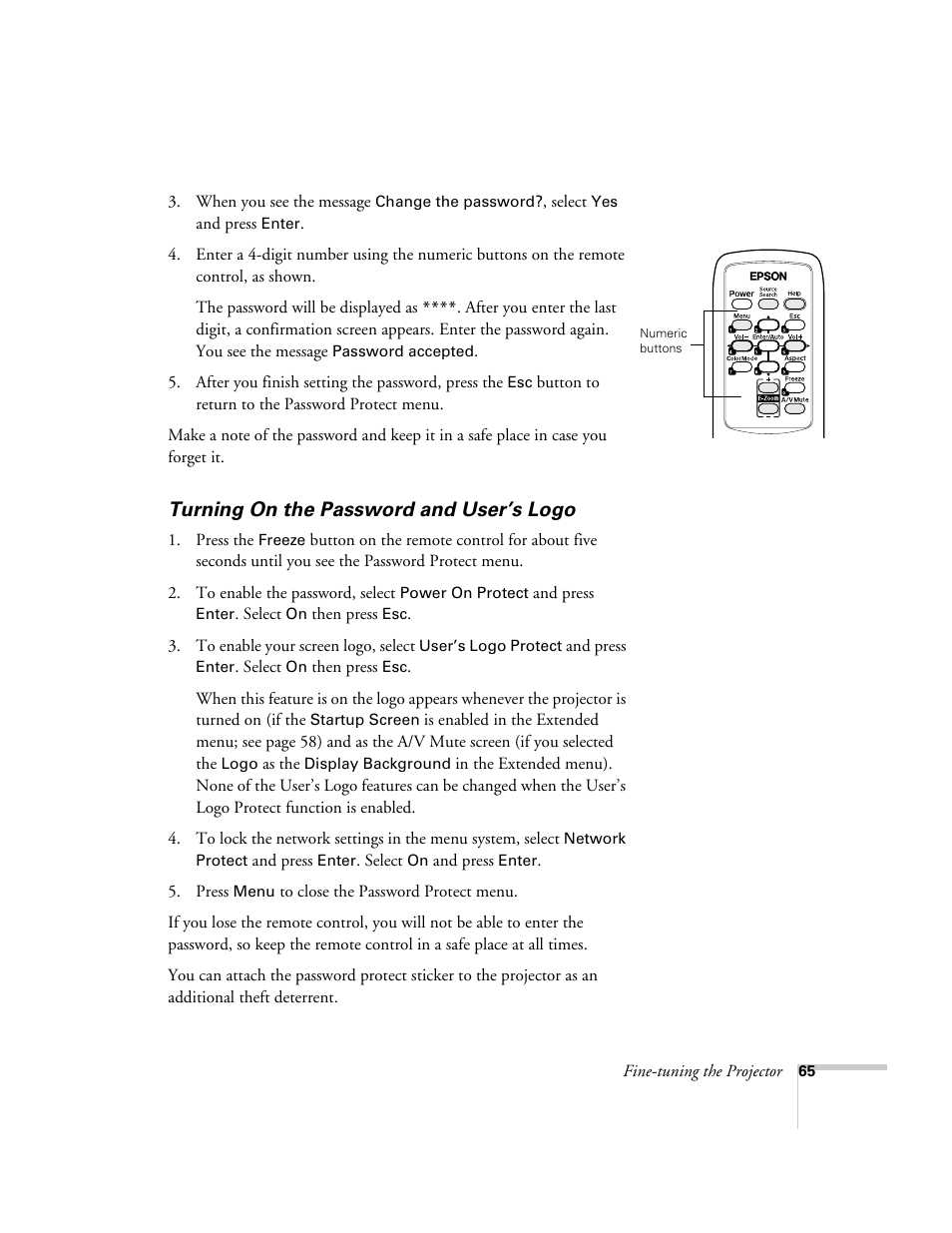 Turning on the password and user’s logo | Nortel Networks 822p User Manual | Page 65 / 118