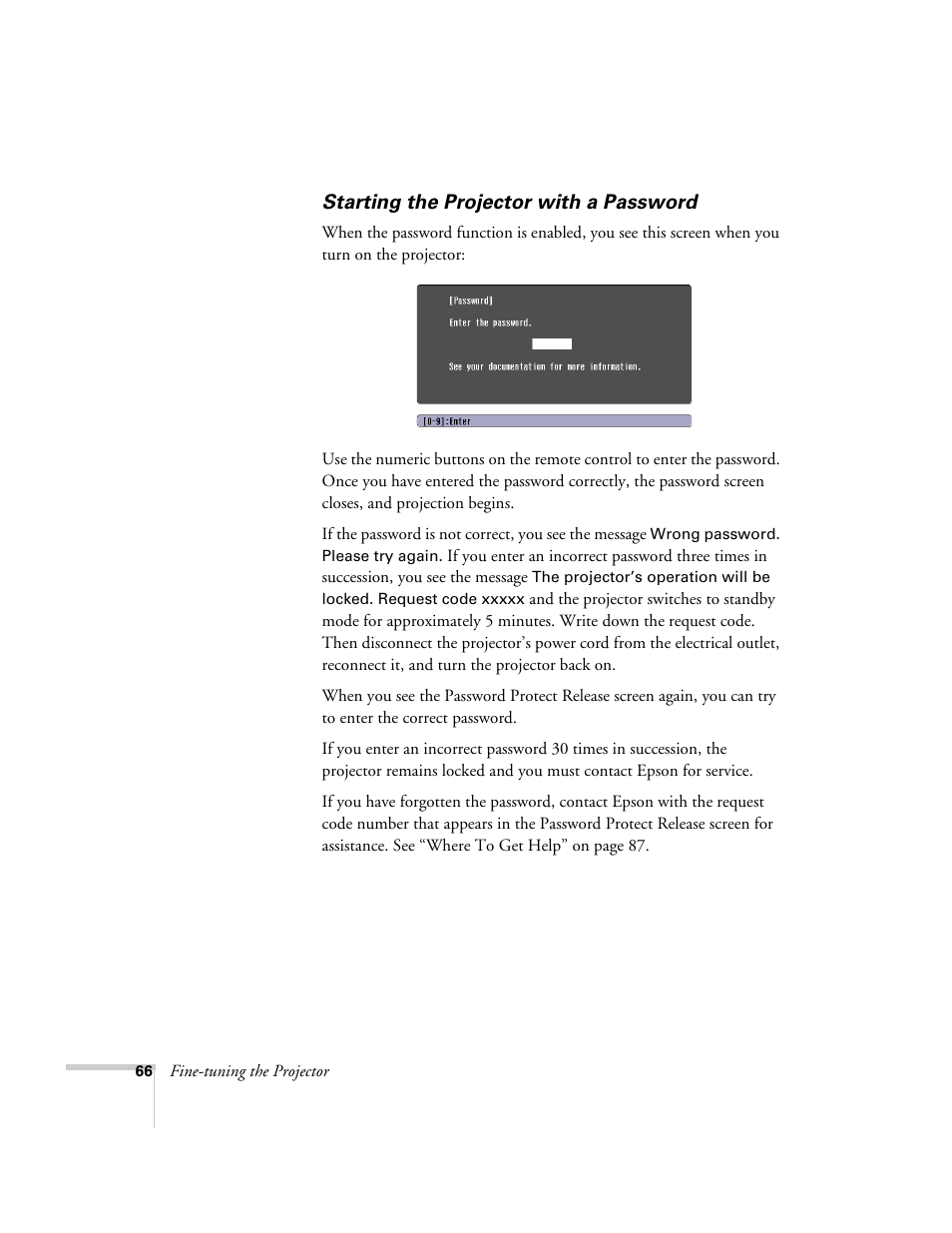 Starting the projector with a password | Nortel Networks 822p User Manual | Page 66 / 118